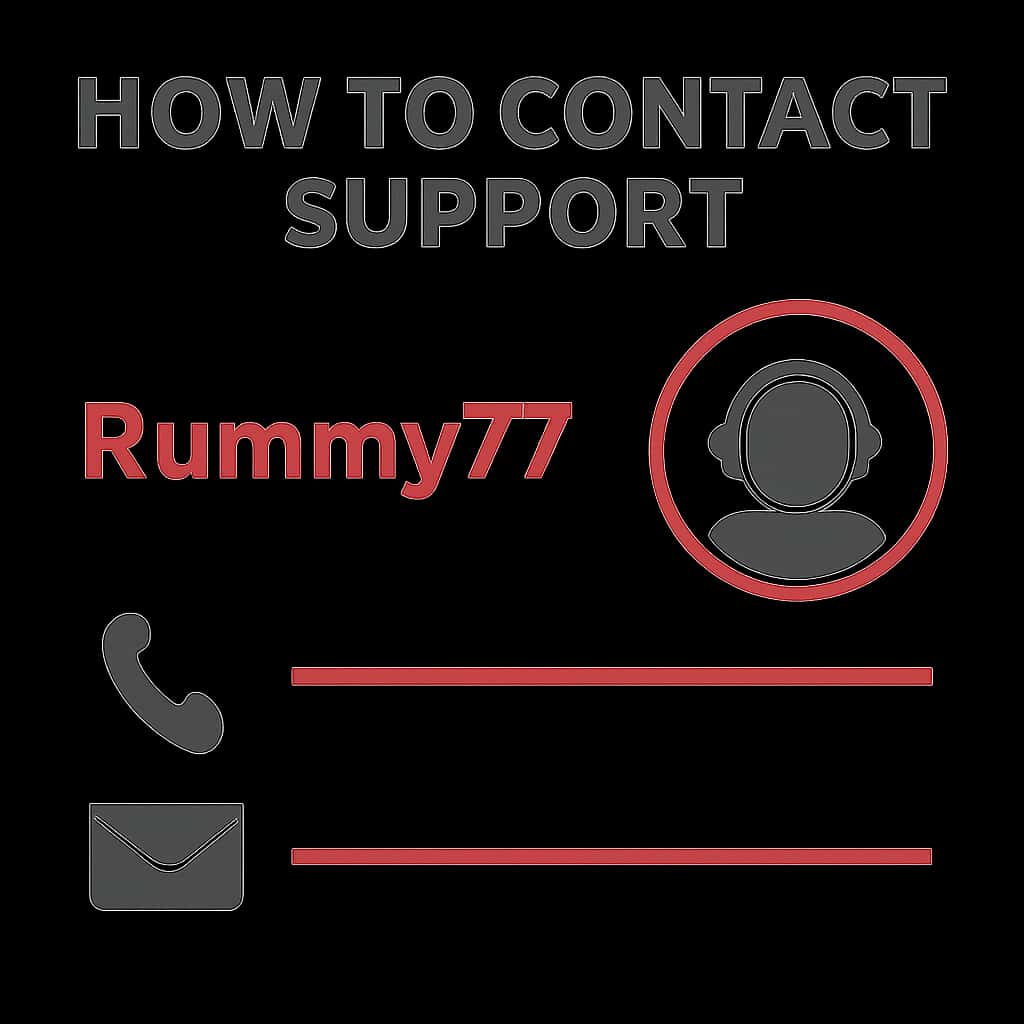 An educational illustration explaining methods to contact Rummy77 support.