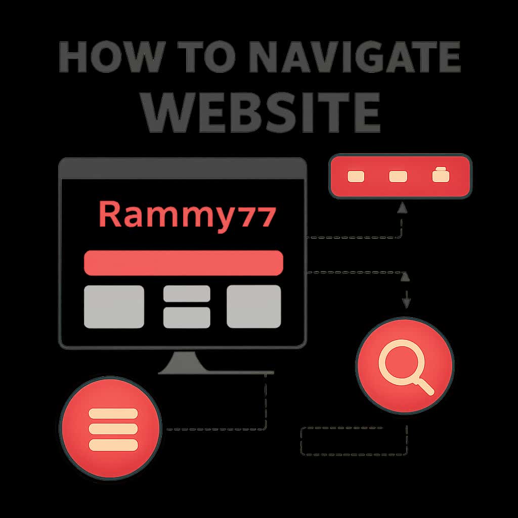 Illustration outlining key navigation sections of the Rummy77 website.
